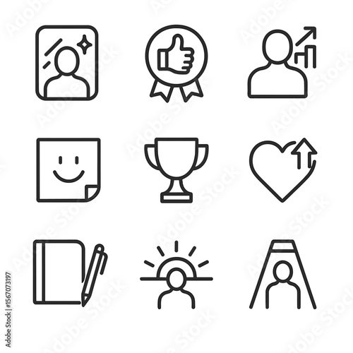 Self-Esteem Icons. Outline icon set of self-esteem boosters: mirror with sparkles, thumbs-up badge, rising bar chart on person