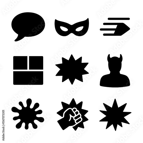 Comic Icon Collection. Solid, filled icon set of comic illustration: comic bubble, superhero mask, speed line, comic panel, zap