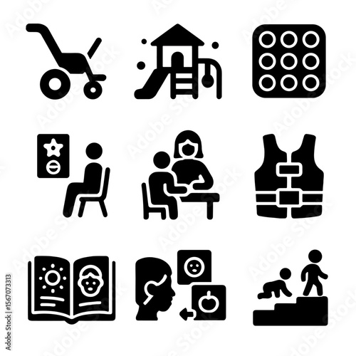 Children's Disability Support Icons. Solid, filled icons set of children’s disability support: adaptive