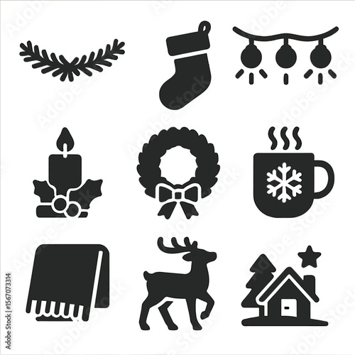 Holiday Mantel Icons. Solid, filled icons set of holiday mantel decorations: pine garland, holiday stocking,