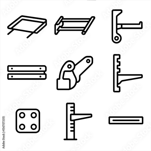 Shoe Rack Hardware Icons. Outline icon set of adjustable shoe rack hardware: sliding shoe tray, extendable rack, pivoting shelf
