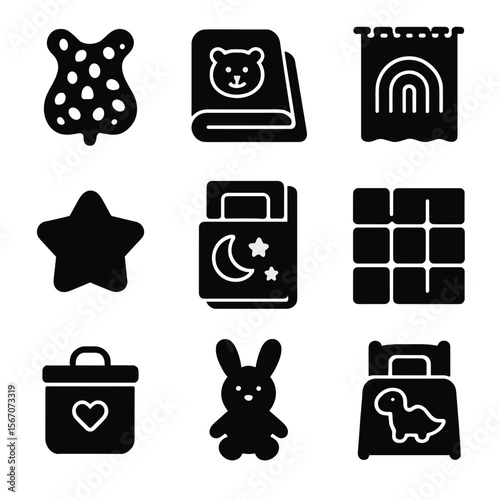 Children's Room Icon Set. Solid, filled icons set of children’s room textiles: animal print rug, cartoon