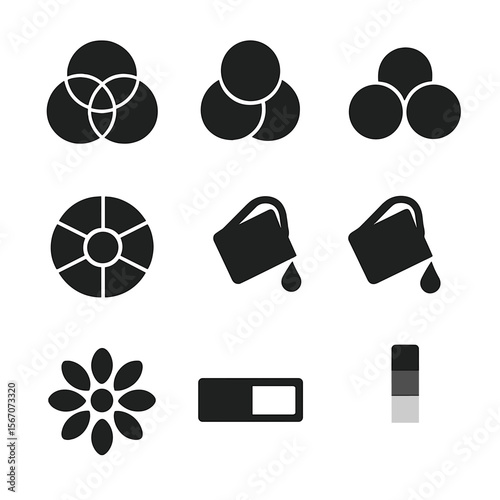 Color Theory Icons. Solid, filled icon set of color theory tools: primary colors, secondary colors, warm colors, cool colors,