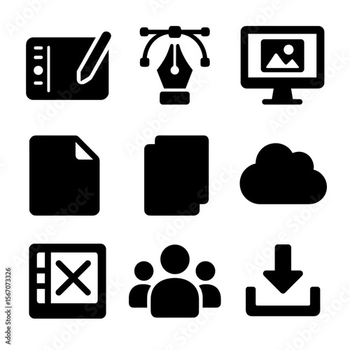 Digital Design Icons. Solid, filled icon set of digital design platforms: drawing tablet, vector pen, screen preview, smart object