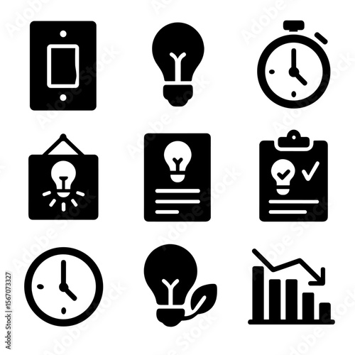 School Lighting Icon Set. Solid, filled icons set of school or public building light policies: hallway switch,