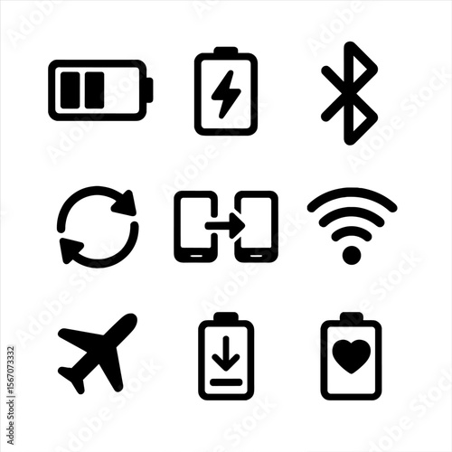 Battery & Connectivity Icons. Flat icon set of battery and connectivity indicators: battery level, charging bolt, Bluetooth symbol