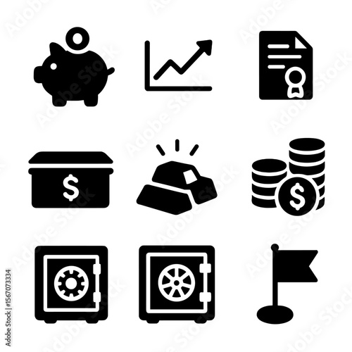 Financial Icons Grid. Solid, filled icon set of family savings and investments: piggy bank, stock chart, bonds document,