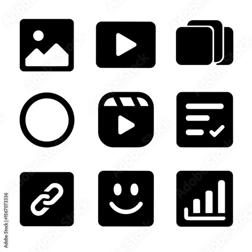 Content Icons Grid. Solid, filled icon set of content types: photo post, video post, carousel, story, reel, poll, link preview,