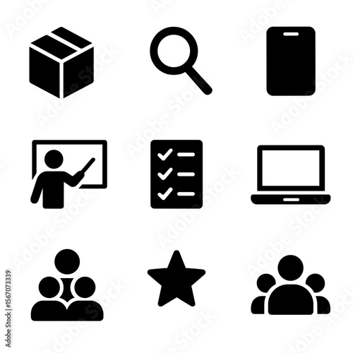Product Demo Icons. Solid, filled icon set of product demo: box, magnifying glass, smartphone, laptop, presenter, pointer,