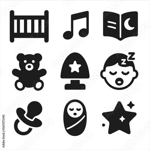 Children's Sleep Icons. Solid, filled icons set of children’s sleep wellness: crib icon, lullaby music,