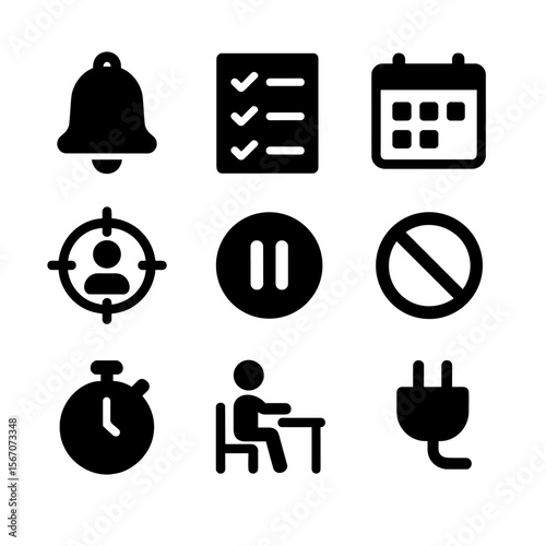 Digital Detox Icons. Solid, filled icon set of digital detox reminders: reminder bell, checklist, calendar, focus mode, pause