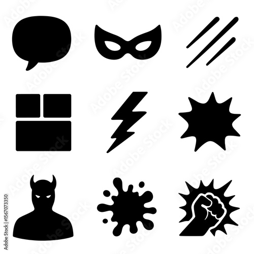 Comic Icon Collection. Solid, filled icon set of comic illustration: comic bubble, superhero mask, speed line, comic panel, zap