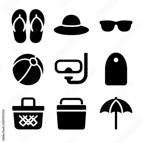 Beach Accessories Icons. Solid, Filled icon set of beach leisure accessories: flip-flops, sunhat, sunglasses, beach ball, snorkel