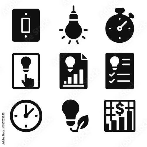 School Lighting Icon Set. Solid, filled icons set of school or public building light policies: hallway switch,