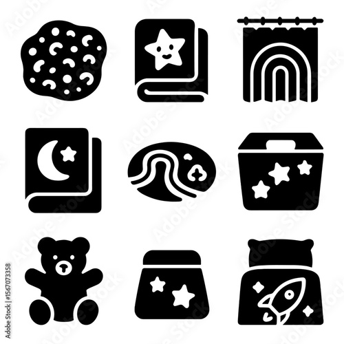 Children's Room Icon Set. Solid, filled icons set of children’s room textiles: animal print rug, cartoon