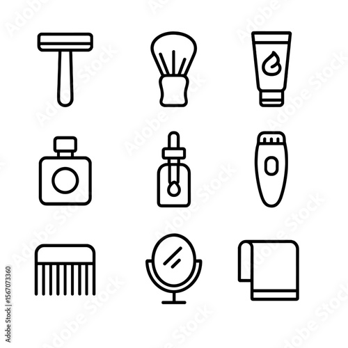Shaving Icon Set. Outline icon set of shaving and beard care: safety razor, shaving brush, shaving cream tube, aftershave bottle,