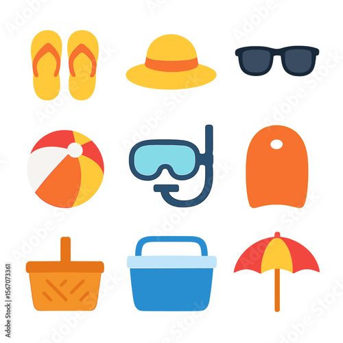 Beach Essentials Icons. Flat icon set of beach leisure accessories: flip-flops, sunhat, sunglasses, beach ball, snorkel mask,