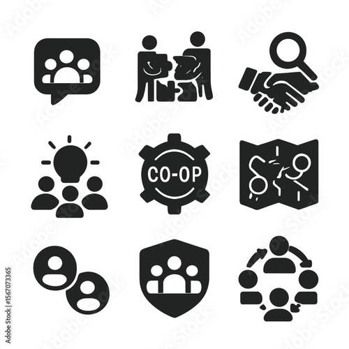 Collaborative Gameplay Icons. Solid, filled icon set of collaborative gameplay: group chat, team puzzle, handshake clue, shared