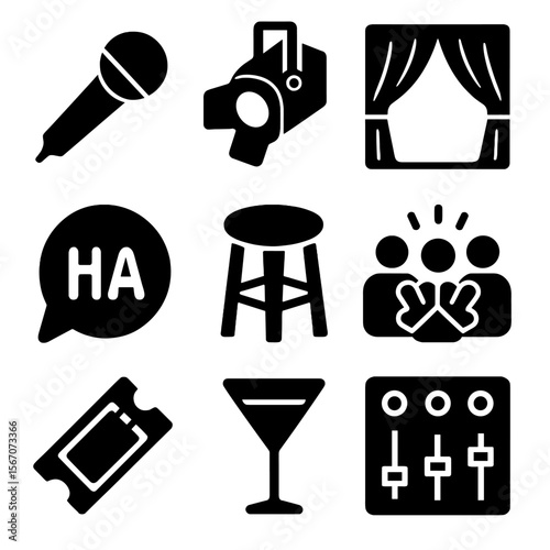 Comedy Show Icons. Solid, filled icon set of live comedy show items: microphone, spotlight, stage curtain, laugh bubble, stool,