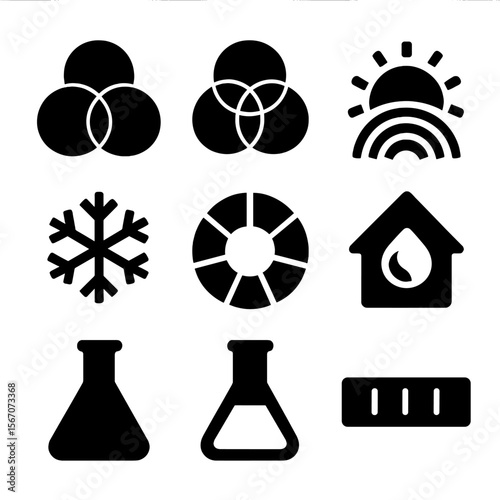 Color Theory Icons. Solid, filled icon set of color theory tools: primary colors, secondary colors, warm colors, cool colors,