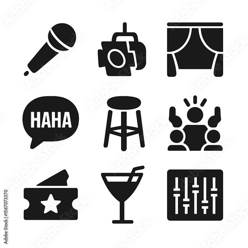 Comedy Show Icons. Solid, filled icon set of live comedy show items: microphone, spotlight, stage curtain, laugh bubble, stool,