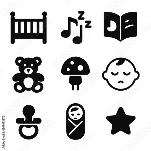 Children's Sleep Icons. Solid, filled icons set of children’s sleep wellness: crib icon, lullaby music,
