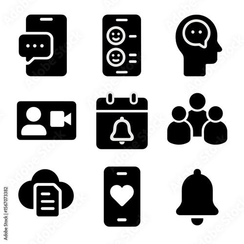 Digital Health Icon Set. Solid, filled icon set of digital mental health tools: smartphone with chat, mood tracker app, mental