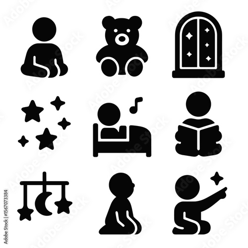 Children's Star Gazing Icons. Solid, filled icons set of children watching stars: child outline, plush toy,