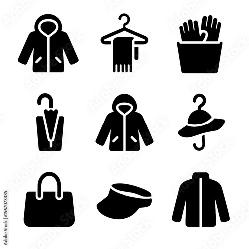Seasonal Outerwear Icons. Solid, filled icons set of seasonal outerwear storage: winter coat, scarf hanger,