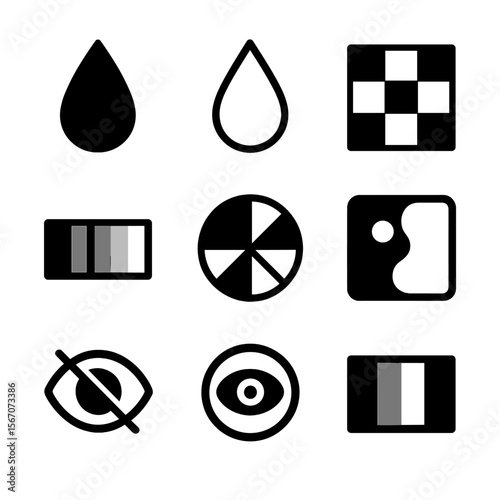 Contrast Icon Set. Solid, filled icon set of color contrast cues: black drop, white drop, checkerboard pattern, grayscale bar,
