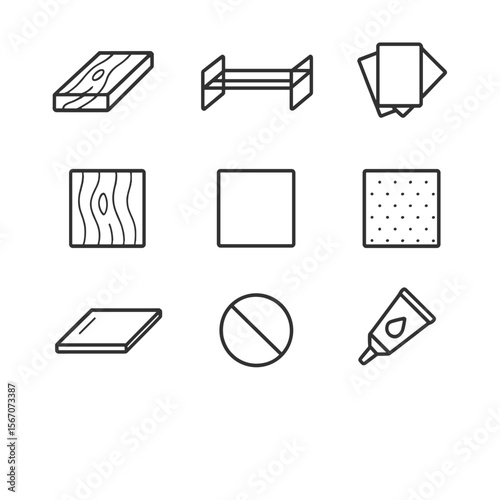 Shoe Storage Icon Set. Outline icon set of materials and finishes for shoe storage: wooden shelf plank, metal wire rack, laminate