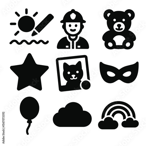 Children's Vision Icons. Solid, filled icons set of children's vision board elements: crayon drawing, dream
