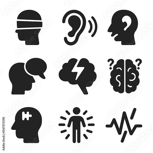 Senses and Brain Disorders Icons. Solid, filled icons set of disorders of senses and brain: blindfold, hearing