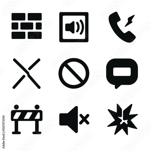 Communication Barrier Icons. Solid, filled icon set of communication barriers: brick wall, soundproof room, broken telephone,