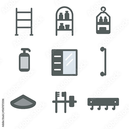 Bathroom Storage Icons. Flat icon set of bathroom vertical storage: towel ladder rack, over-the-toilet shelf, hanging toiletry
