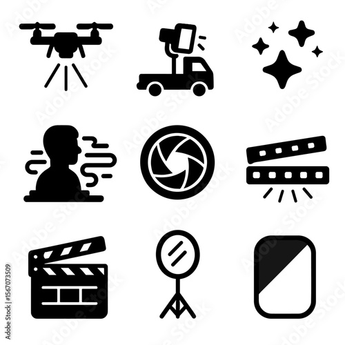 Cinematic Gear Icons. Solid, filled icons set of cinematic gear at night: drone light, truck-mounted light,