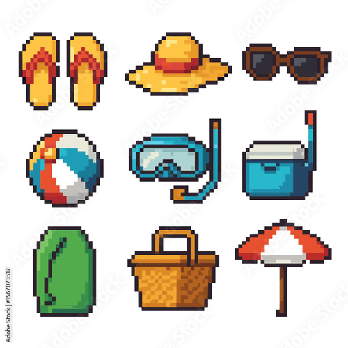 Beach Accessory Icons. Pixel art icon set of beach leisure accessories: flip-flops, sunhat, sunglasses, beach ball, snorkel mask,