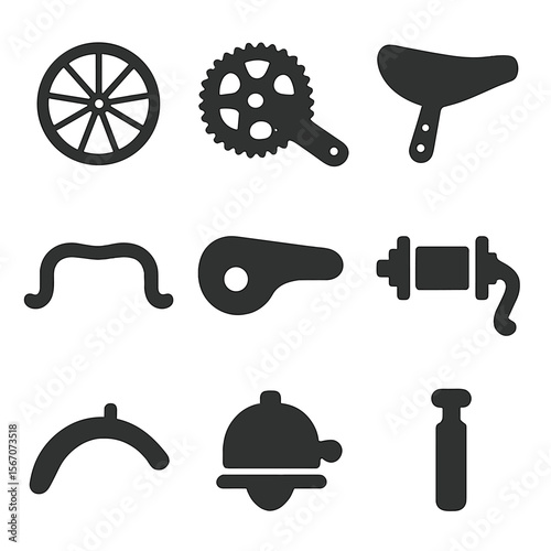 Bicycle Component Icons. Solid, Filled icon set of classic bicycle components: spoke, crankset, leather saddle, drop handlebar,
