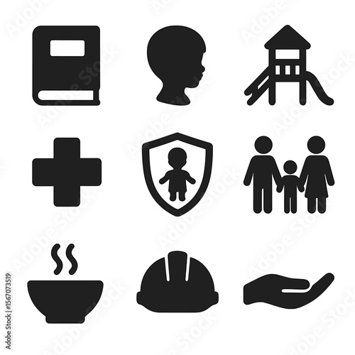 Children's Rights Icons. Solid, filled icons set of children's rights: school book, child silhouette,