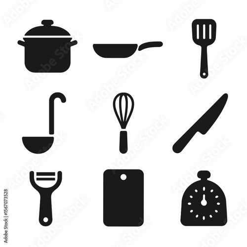Cooking Utensils Grid. Solid, filled icon set of cooking utensils: pot, pan, spatula, ladle, whisk, knife, peeler, cutting board,