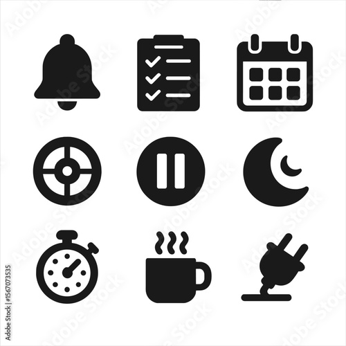 Digital Detox Icons. Solid, filled icon set of digital detox reminders: reminder bell, checklist, calendar, focus mode, pause