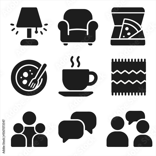 Home Gather Icons. Solid, filled icons set of home get-together vibes: cozy lamp, warm light, comfy chair,