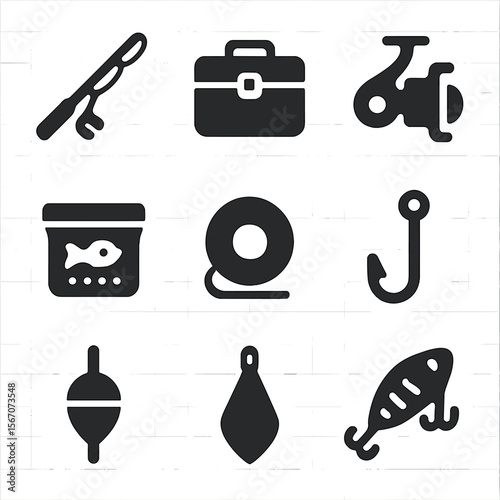 Fishing Gear Icons. Solid, filled icon set of fishing gear: fishing rod, tackle box, fishing reel, bait container, fishing line,