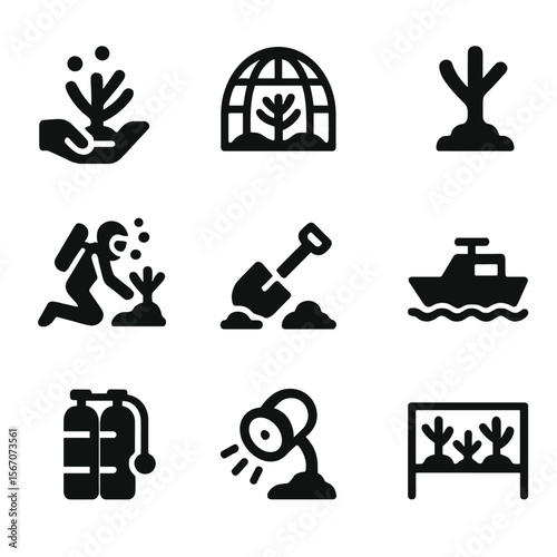 Coral Restoration Icons. Solid, filled icon set of coral reef restoration: planting coral, protective cage, coral fragment, diver