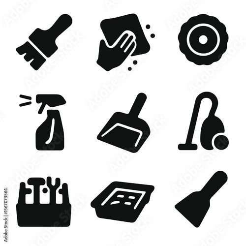 Finishing Touches Icons. Solid, filled icon set of finishing touches: paintbrush, cleaning cloth, polishing pad, glass cleaner,