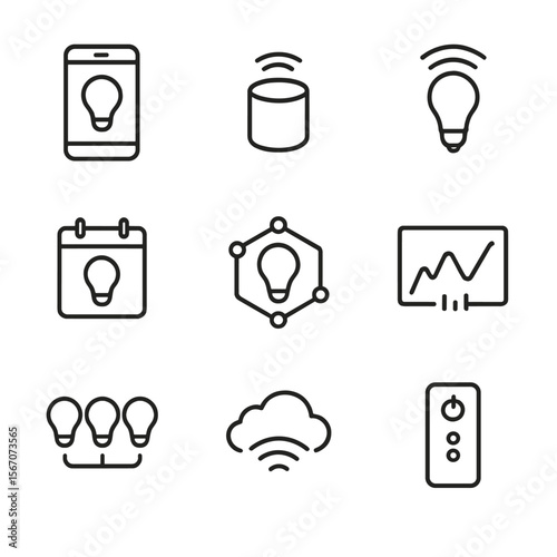 Smart Home Icon Set. Outline icon set of smart home lighting control: smartphone screen with bulb icon, voice assistant wave,