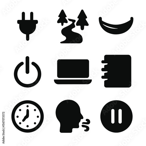 Productivity Escape Icons. Solid, filled icon set of escaping productivity traps: unplug icon, nature path, hammock, closed laptop