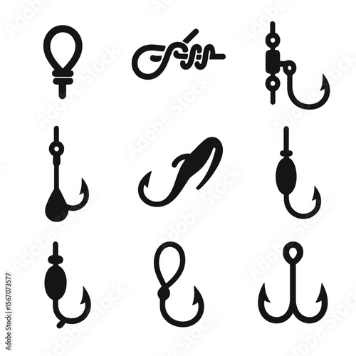Fishing Knot Icons. Solid, filled icon set of fishing knots and rigs: loop knot, clinch knot, swivel rig, drop shot, Texas rig,
