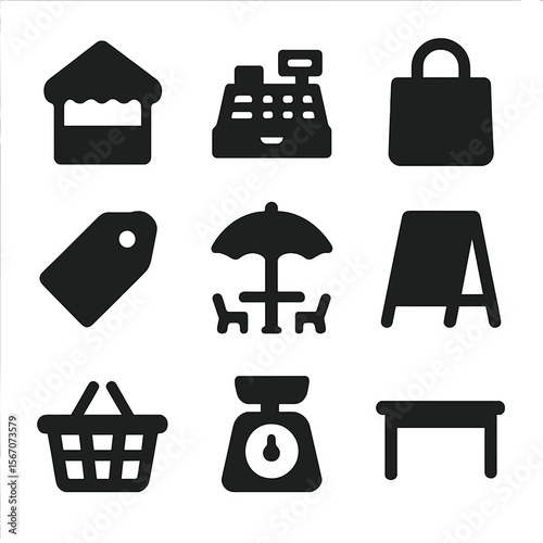 Flea Market Icons. Solid, filled icon set of flea market vendors and stalls: tent, cash register, shopping bag, price tag,
