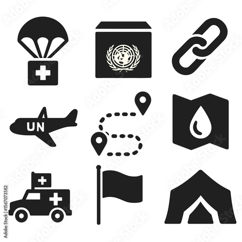 Humanitarian Air Missions Icons. Solid, filled icons set of humanitarian air missions: parachute drop, aid box
